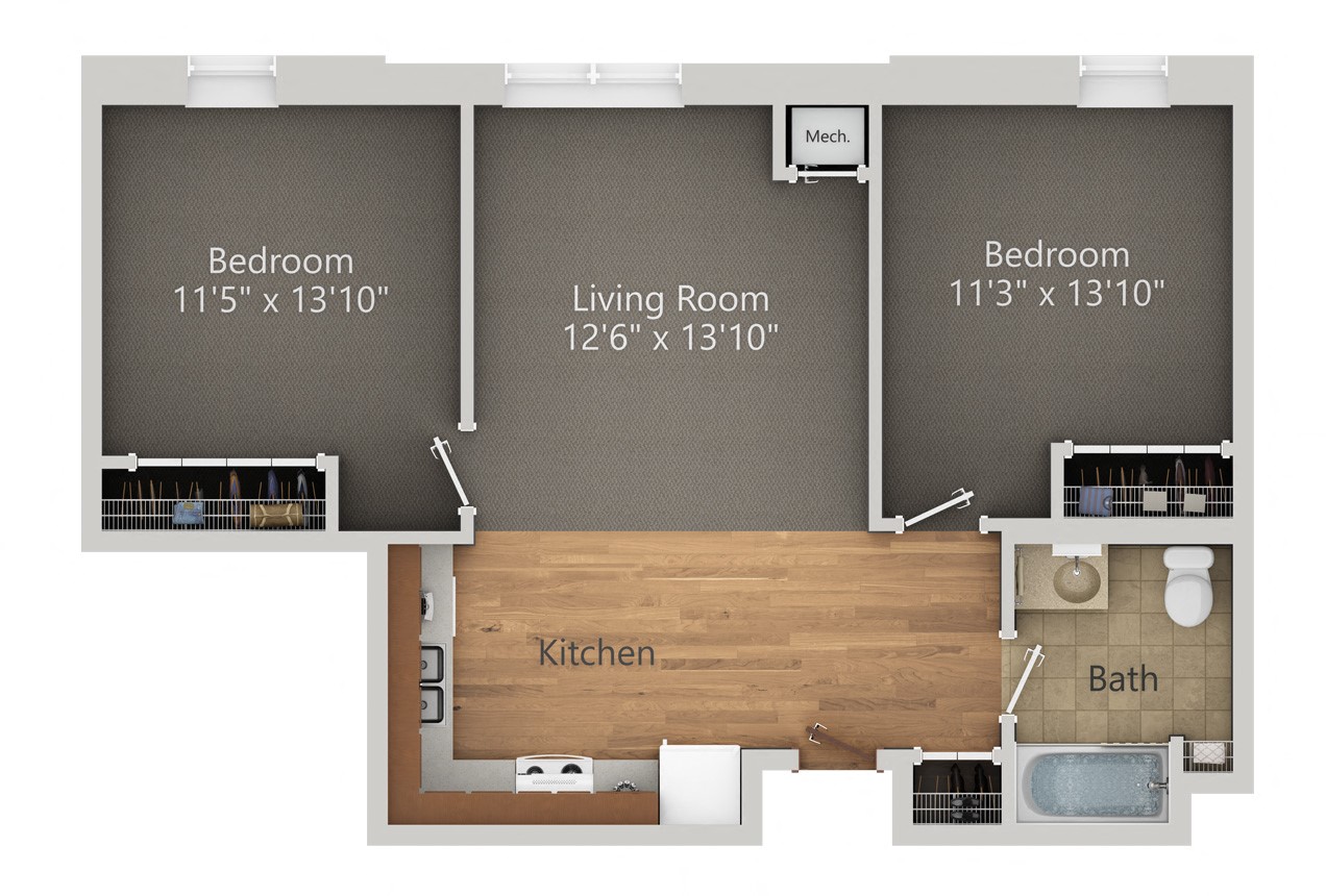 Floor plan for 2 beds, 1 bath, 865 sqft